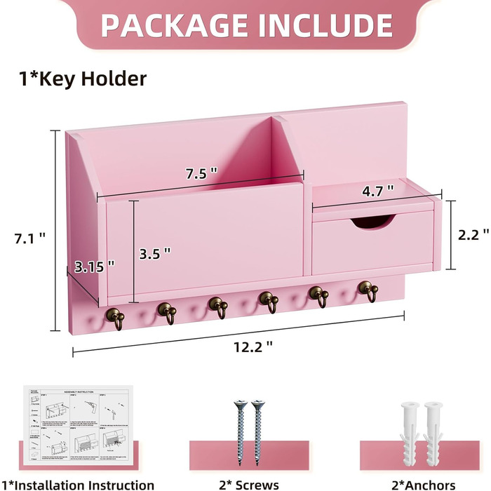 Настінна органайзер для ключів з 6 гачками та шухлядою, дерев'яний, для дому, офісу, прихожої (білий, рожевий)