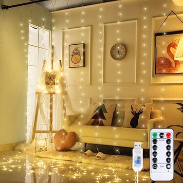 LED штора Anpro 3м x 3м, 300 світлодіодів, 8 режимів, тепле біле світло для декору, вечірки, спальні