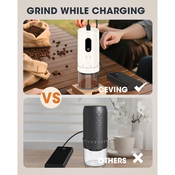 Портативна кавомолка з акумулятором 2000mAh, керамічний жорно, швидка малівка, для подорожей та кемпінгу, білий колір