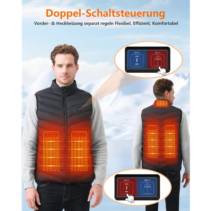 Гріюча жилетка для чоловіків та жінок з акумулятором 10000mAh, 5 зон обігріву, 3 режими температури, подвійне керування, чорна, для зимових активностей