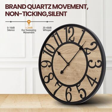 Large Wall Clock Without Ticking, 50 cm / Silent Wood Vintage Wall Clock Retro Battery Powered Modern For Living Room Bedroom, Kitchen, Farmhouse, Office Decoration (14 inch, Black Metal - Arabic Numerals)