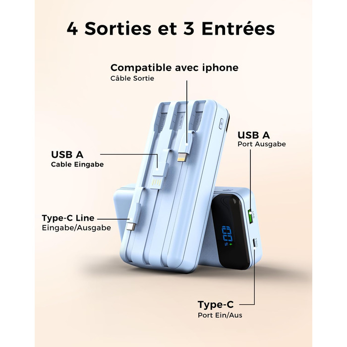 Power Bank Enerwow 27000mAh з USB-C кабелем, 4 порти, LED-дисплей, для iPhone та інших пристроїв (P300C, Синій)