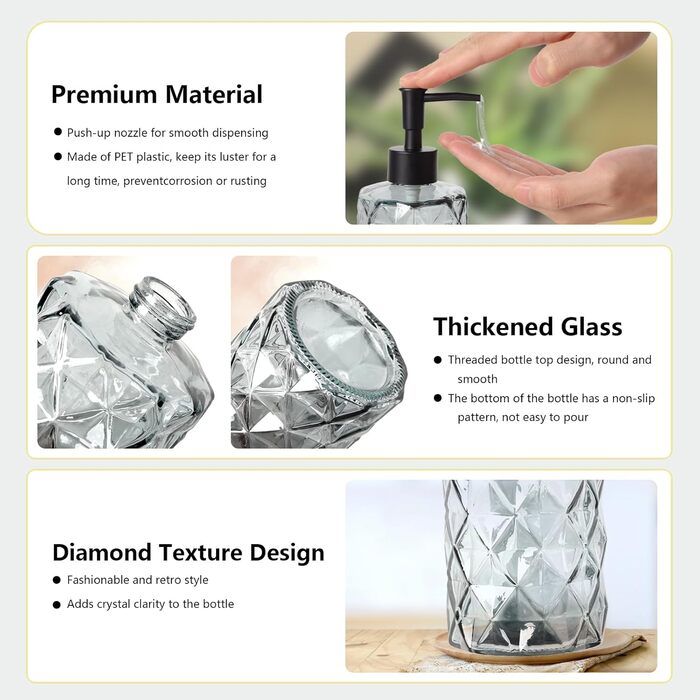 Набір з 3 скляних дозаторів для мила Omtofo, 330 мл, чорний, з нержавіючою сталею, для ванної кімнати