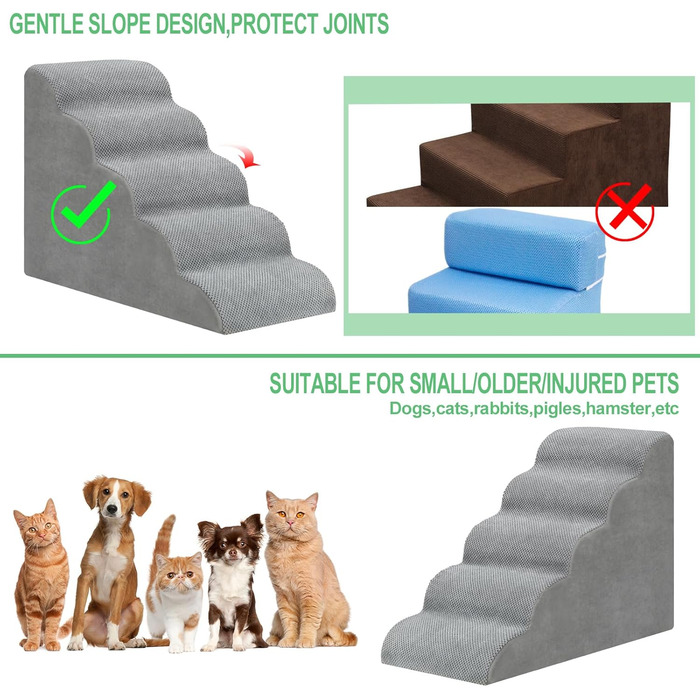 LIANTRAL Dog Stairs, 3 Steps Dog Staircase for Bed and Sofa, Made of High-Density Sponge, Cat Stairs Dog Ramp with Removable, Washable Cover and Pet Hair Remover Roller, 40 cm High (5 Steps Grey)