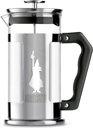 Bialetti Kaffeepresse Preziosa, French Press Filter for coffee or tea, housing made of stainless steel and container made of borosilicate glass, dishwasher safe, 1 Liter, 8 cups, Silver (350 ml (3 cups), Single)