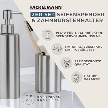 Fackelmann Soap Dispenser & Toothbrush Holder Tecno, dispenser for liquid soap made of high-quality stainless steel, holder for 4 toothbrushes, high-quality toothbrush holder (color: matte silver), quantity: 1 x 2-piece set
