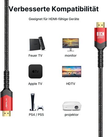 Кабель HDMI JSAUX 8K 3 метри (2 шт.) | 48Gbps, 8K@60Hz, 4K@120Hz, HDR10+, eARC, HDCP 2.2/2.3, Dolby Vision, сумісний з PS5, PS4, UHD TV, монітором - Червоний