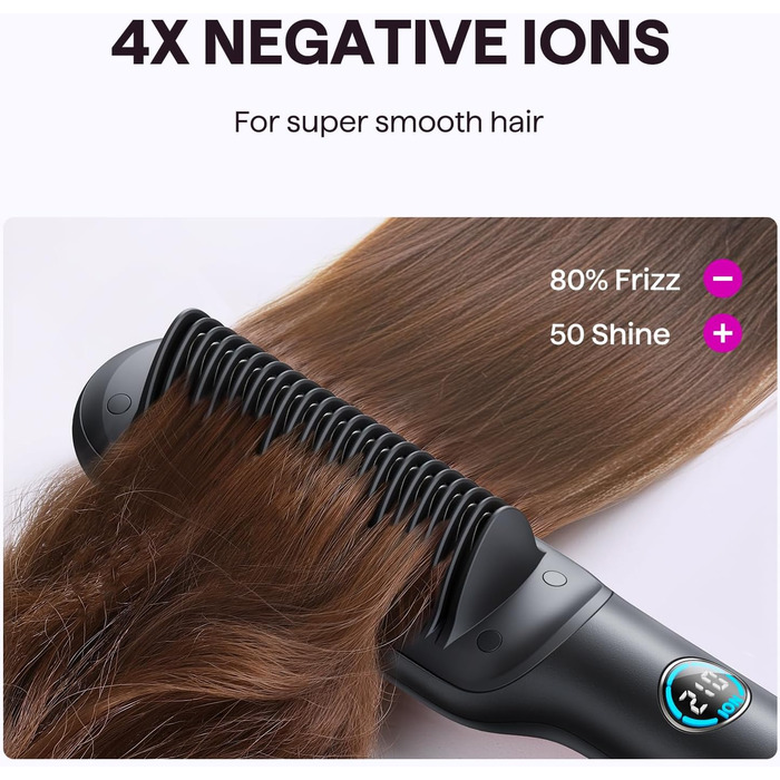 Wavytalk Glättbürсте - Іонна щітка-випрямляч 2 в 1 з LED-дисплеєм. Керамічний випрямляч для волосся з захистом від опіків, для дому та салону. Подвійна напруга (100–240V), EU-штекер, Чорний