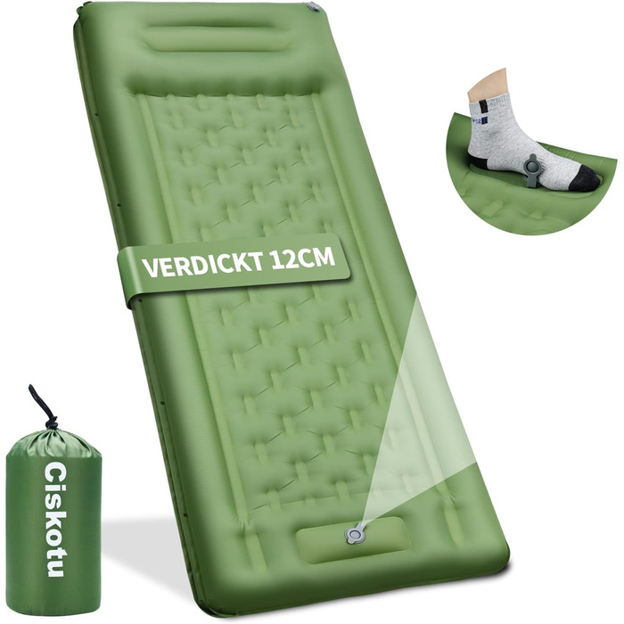 Кімомат Ciskotu Саморозгортальний килимок для кемпінгу, 12 см, з насосом, ультралегкий, компактний, зелений