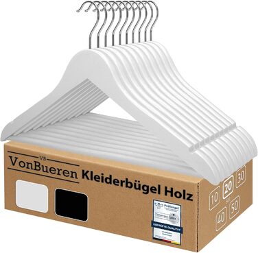 20 дерев'яних вішалок для одягу VonBueren, білі | 44,5 x 22 см кожна | 360° обертання | 20 шт.