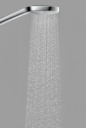 hansgrohe Croma Select E - water-saving showerhead 9 l/min (EcoSmart), hand shower with 3 spray patterns, square shower head (110 x 110 mm), showerhead with water-saving function and anti-limescale feature, White/Chrome (1 spray pattern)