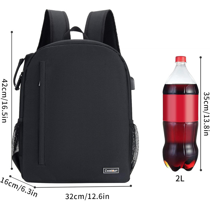 Водонепроникний рюкзак для камери Cwatcun: професійна сумка для фотоапарата, сумісна з Sony, Canon, Nikon, з відділенням для штатива (2.0, 3.0 л, чорний)