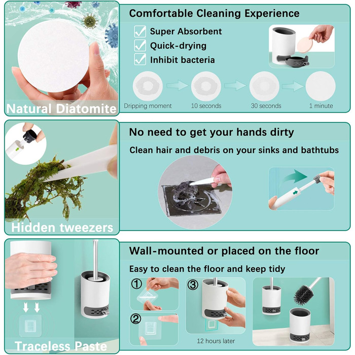 Силіконова щітка для унітазу з підставкою, комплект, без щетинок, швидковисихаюча, антибактеріальна. Підходить для ванної кімнати та кухні. Сталевий тримач, монтаж на стіну без свердління. Білий та сірий колір.