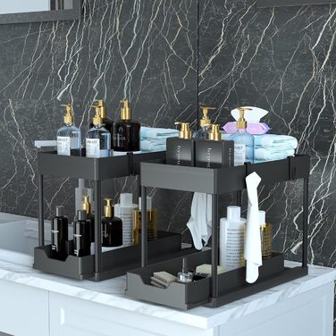 DEKAVA Kitchen Organizer, 2 Under Sink Shelf, Closet Kitchen Organizer with 4 Hooks, Closet Basket for Kitchen, Bathroom, Cleaning Supplies, Detergent (Black)