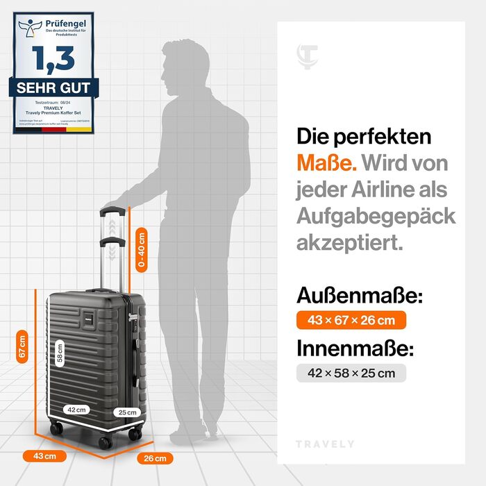 Валіза Travely з полікарбонату, 67 см, 60 л - міцний валіза з TSA замком, для подорожей, сірий колір