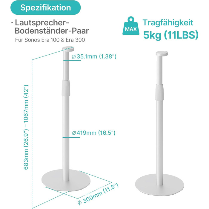 Підставка для динаміків з регулюванням висоти, сумісна з SONOS Era 300 та Era 100, білий, 2 шт.