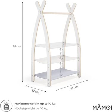 MAMOI® Clothes Rack Baby Nursery | Children's Clothes Rack 106x95x32cm / 53x95x32cm | Children's Clothes Stand Baby | Coat Rack | Baby Wardrobe | Children's Wardrobe | 100% ECO | Made in EU (1 Module - 1 Shelf, White - Light Grey)