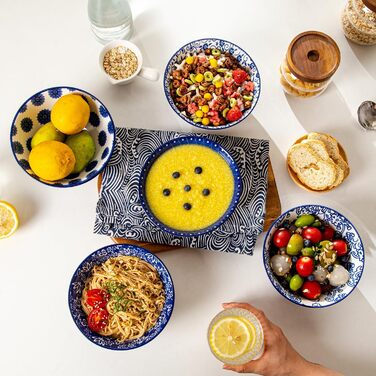 Набір супових тарілок з кераміки (6 шт.) - 709 мл, глибокі миски для каші, салату, пасти, десерту - кераміка, блакитний вінтаж