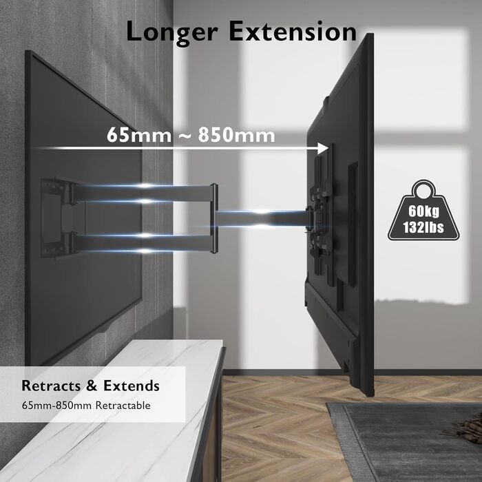BONTEC Extra Long TV Wall Mount - 850mm Articulating Arm for 32-70 inch LCD/LED/OLED TVs - Up to 60kg, Tilt, Swivel & Rotate - VESA 400x400
