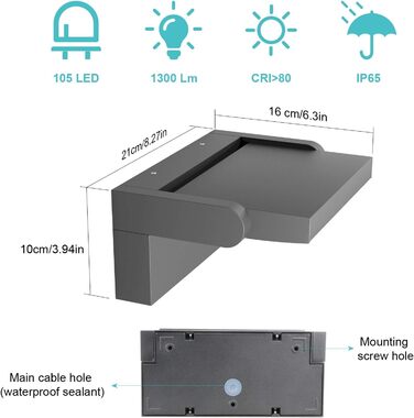 Klighten LED вуличне освітлення: водонепроникна настінна лампа з поворотним LED-панелем, 1500 люмен, 3000K (тепле біле світло) для саду, тераси, внутрішнього використання.