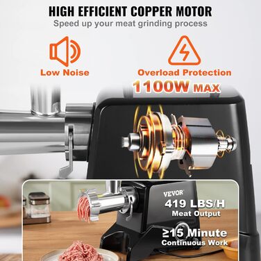 VEVOR 1100W Electric Meat Grinder - Stainless Steel, 250kg/hr - Commercial Meat Processing Machine for Restaurant, Butcher Shop, Supermarket