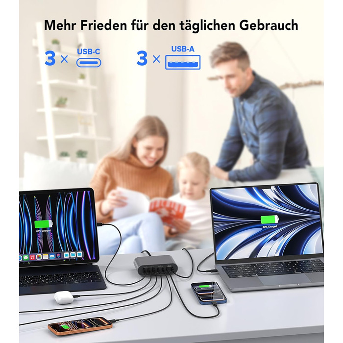 Зарядний пристрій USB-C 185W, мережевий адаптер 7 портів PD3.0 + QC3.0 для MacBook Pro/Air, iPhone 17/16/15 Pro Max, Samsung Galaxy S23/Note20 (Сірий)