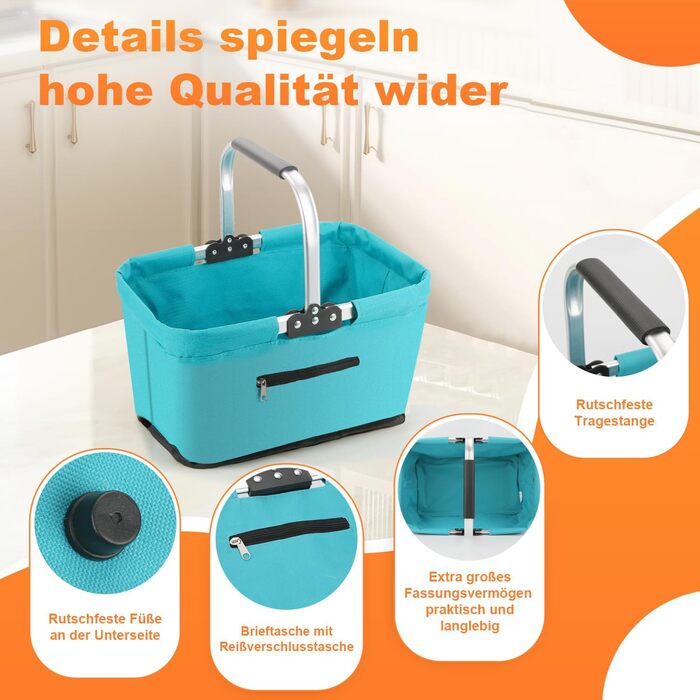 Складаний кошик для покупок 25L з м'якими ручками та кишенею на блискавці, блакитний