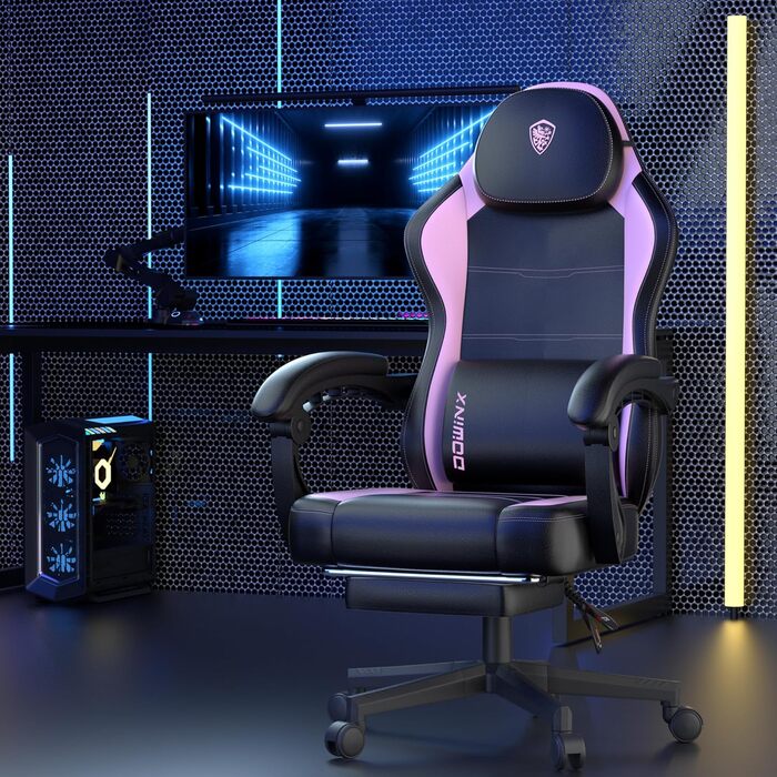 Ігровий крісло Dowinx з PU-шкіри, ергономічний, з підтримкою попереку, для ПК, до 150 кг, рожевий