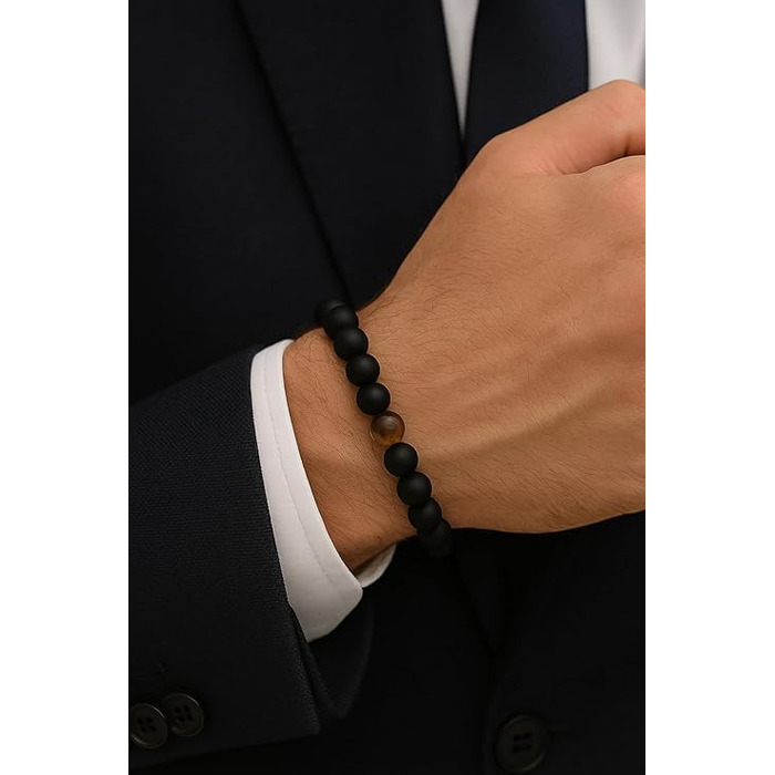 Браслет чоловічий 9 O'Clock Perlenarmband з оніксу 8мм, еластичний, ручна робота (Німеччина), з тигровим оком (чорно-коричневий)