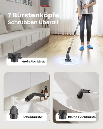 Електрична щітка для чищення Leebein Spin Scrubber: водонепроникна (IPX7), з телескопічною ручкою, 7 насадками та 2 швидкостями для ванної, підлоги та кухні, чорна