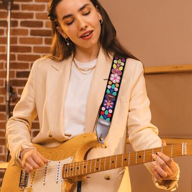 Гітарний ремінь 5,1 см з бавовни з шкіряними кінцями для бас-гітари, електрогітари та акустичної гітари (Кольорова квітка 02)