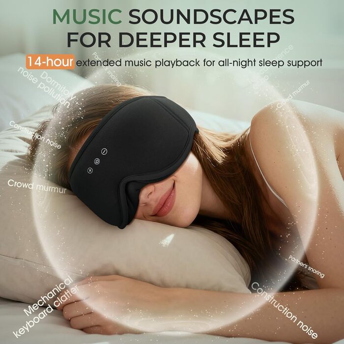 Сплющена маска для сну Musicozy з навушниками, бамбукова тканина, Bluetooth v5.4, 3D дизайн, для тих, хто спить на боці, з мікрофоном, чорна