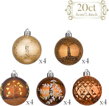 Набір ялинкових прикрас Valery Madelyn (20 шт, 6 см, бронза) - пластикові кулі з гачками, тематика 