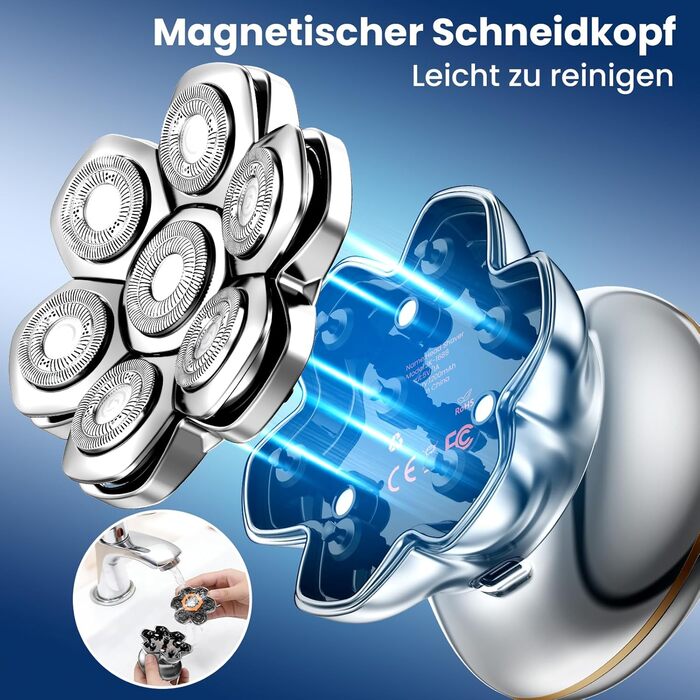 MAXGROOM 7D Glatzen Rasierer Herren - Електрична бритва для гоління голови, срібляста, акумуляторна (1400mAh), водонепроникна IPX6, Type-C