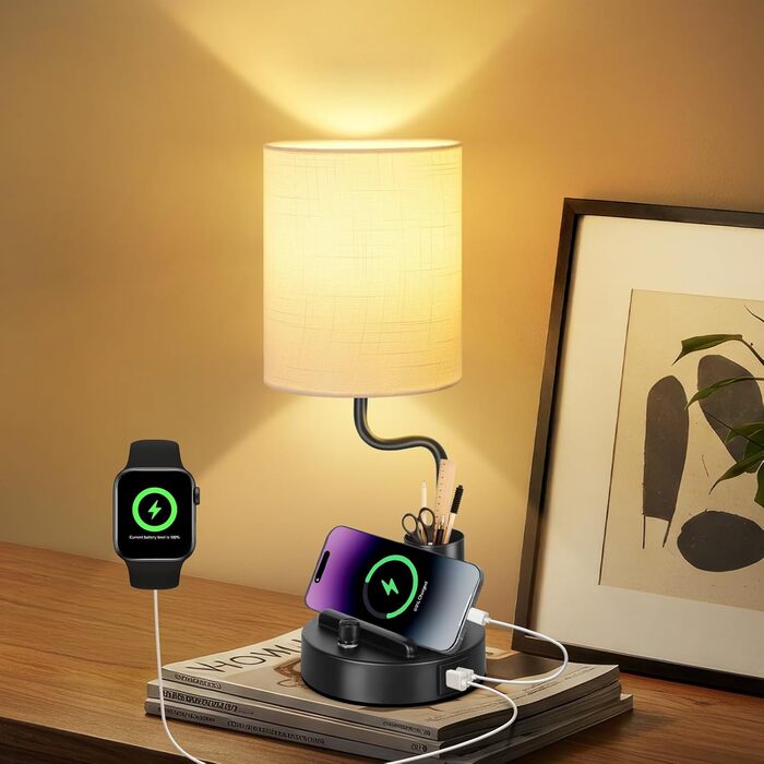 LED настільна лампа OUTON 2 шт. з USB-A та USB-C, сенсорне керування, тепле світло 2700K, тримач для телефону та ручок, сучасна керамічна лампа для спальні, вітальні, офісу (чорний)