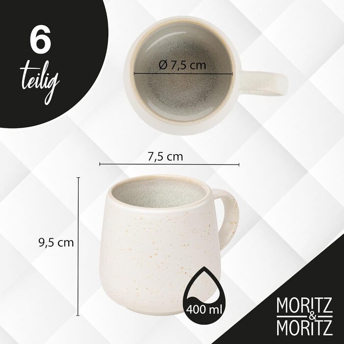 Набір чашок Moritz & Moritz SOLID UNI на 6 осіб, кремовий колір - сучасний набір з порцеляни, безпечний для мікрохвильової печі та посудомийної машини, для кави, чаю, гарячого шоколаду, капучино (6 чашок)