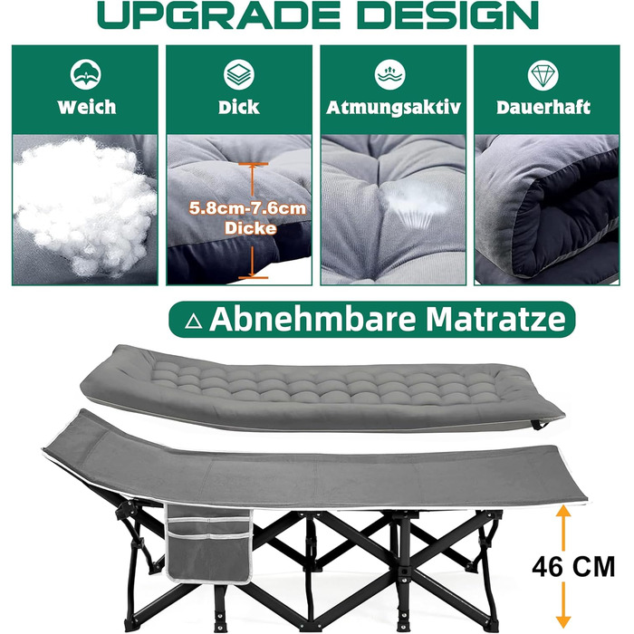 Розкладне ліжко для кемпінгу DRMOIS: велике (XXL), 81 см, вантажопідйомність 400 кг, з ізольованим килимком, сіре