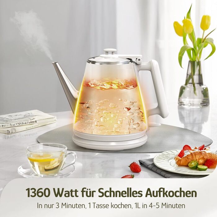 Електричний чайник Hazel Quinn, 1 л, ретро-дизайн, з подвійними стінками, нержавіюча сталь 304, 1360W, BPA-free, автоматичне вимкнення, білий перламутровий