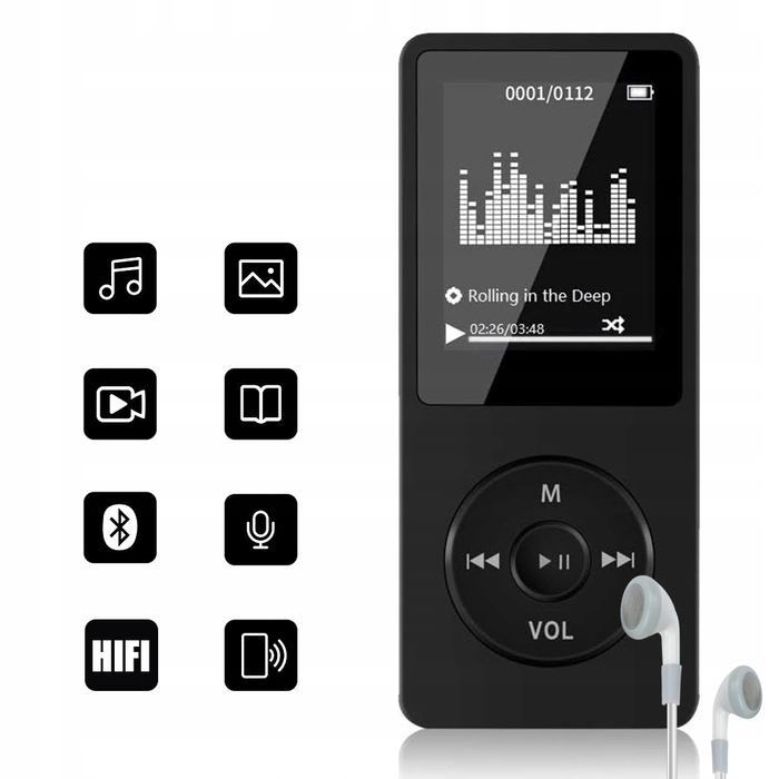 MP3-плеєр 16 ГБ, чорний: Bluetooth, FM-радіо, диктофон