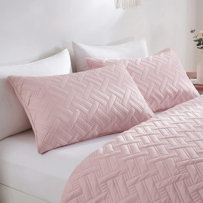 Beeweed Bedspread Throw 220x240cm Pink, Bedspreads made of Microfiber, Quilted Throw Bedspread Cover Lightweight, Stepped Quilt sewn by Ultrasound with 2 Pillowcases, Basket Pattern Pink 220 x 240 cm