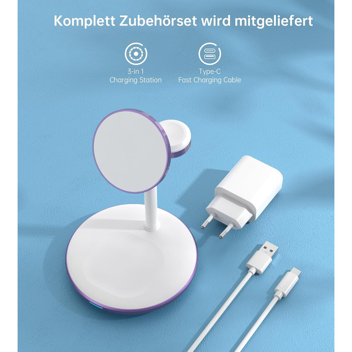 3-в-1 Індукційна Зарядка для Кілька Пристроїв, 15W MagSafe, iPhone 15/14, iWatch Ultra/Series 9/8, AirPods, Білий/Фіолетовий