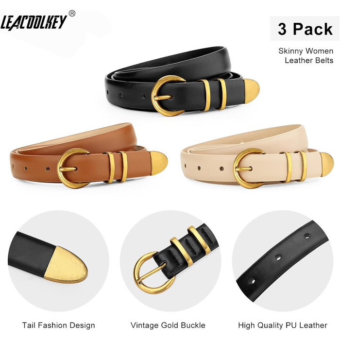 LEACOOLKEY 3 шт. жіночі шкіряні тонкі ремені для джинсів та суконь. В'язані ремені з золотистою та сріблястою пряжкою (100см). Розмір талії 66см-76см, (110см) Розмір талії 77см-91см, B-чорний+коричневий+бежевий (старовинне золото)
