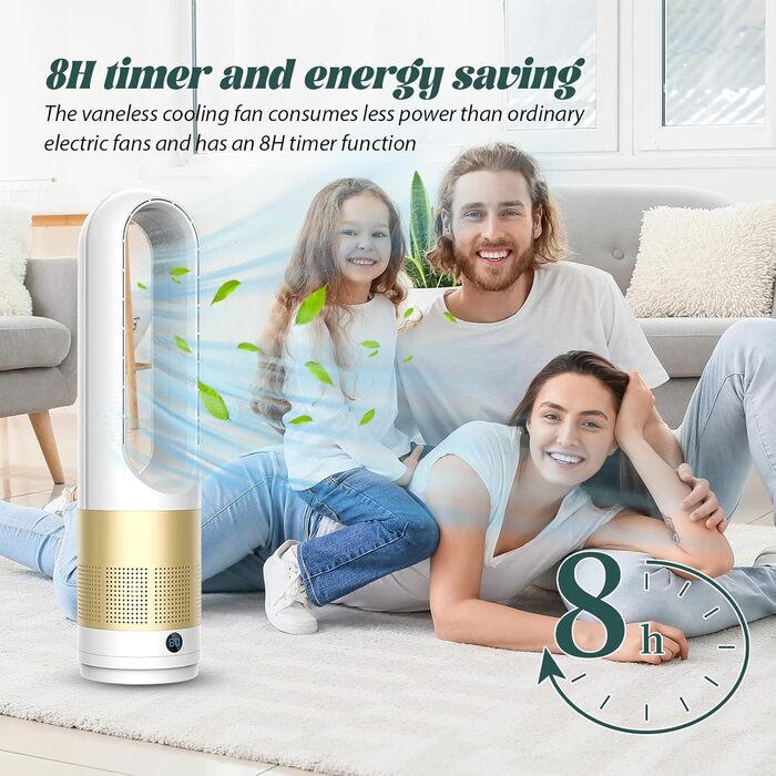 Турбовентилятор без лопатей 56 см, 4000-5600 об/хв, тихий DC мотор, з пультом, осциляція 80°, таймер 8 год (срібний)