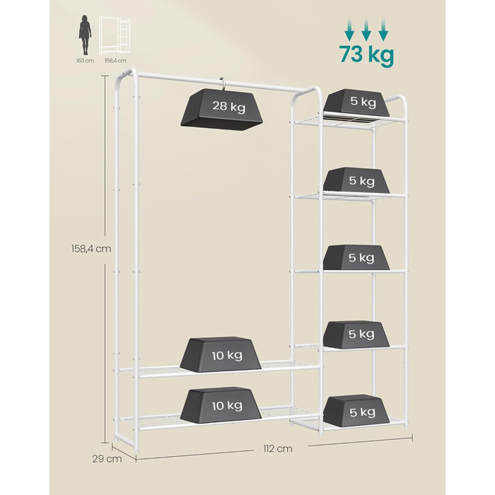 SONGMICS Взуттєва шафа, відкритий гардероб, вішалка для одягу, металева шафа для взуття з полицями, самостійна, 29 x 112 x 158,4 см, матовий білий LGR462W01 112B cm Mattweiß