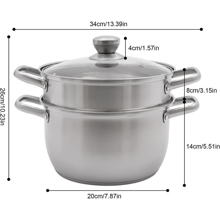 Пароварка 20 см з нержавіючої сталі з кришкою з скла, 2-рівнева пароварка, каструля для супу, пароварка для індукції, каструля для приготування на пару, каструля для овочів, риби, супу, галушок