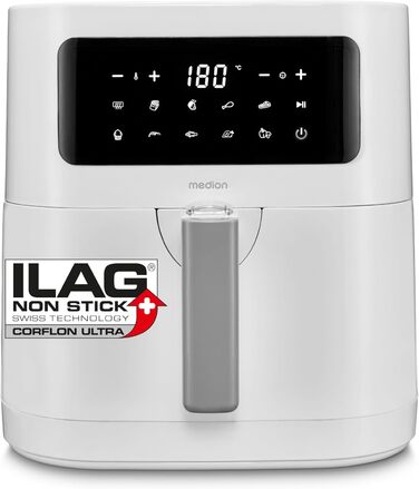 MEDION E40 XL Фритюрниця з гарячим повітрям MD11740 (5.2 л, 2150 Вт, 9 програм, функція випікання, без олії, сенсорне управління, LED дисплей, білий)