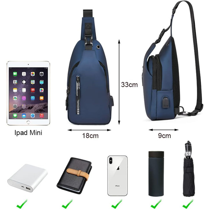 Чоловіча нагрудна сумка через плече, Oxford-тканина, USB-порт для зарядки, водонепроникна, для спорту, роботи, велосипеда, подорожей (Синій #4)