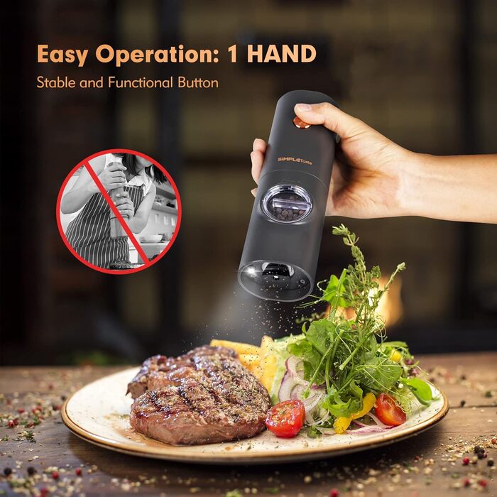 Електричні мельниці для спецій SIMPLETASTE 2 шт. з регульованим керамічним жорном, ABS-пластик, живлення від батарейок AAA