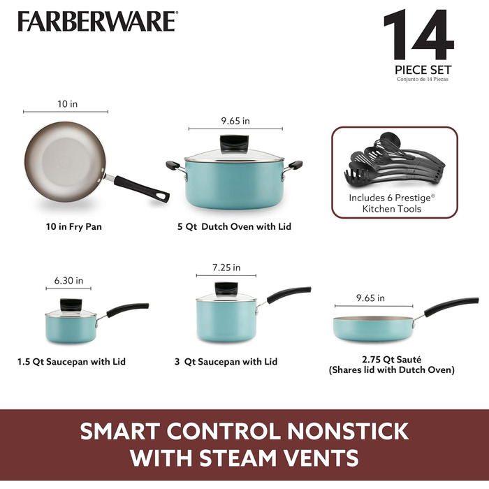 Набір посуду Farberware Smart Control, 14 предметів, антипригарне покриття, колір Аква