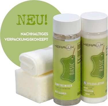 KERALUX 4-piece leather care set A for aniline leather, 200 ml cleaner, 200 ml conditioner, sponge, cloth. Includes impregnation and UV protection.